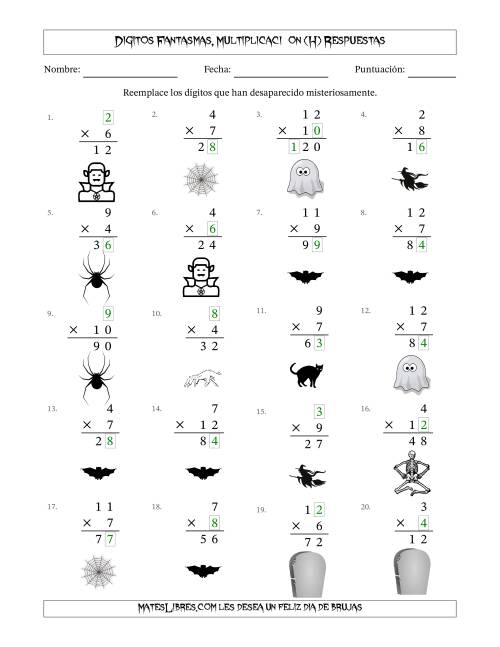 La hoja de ejercicios de Dígitos Robados por Figuras Fantasmas, Multiplicacióon (Versión Fácil) (H) Página 2