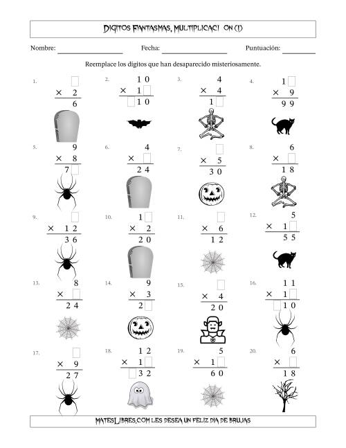 La hoja de ejercicios de Dígitos Robados por Figuras Fantasmas, Multiplicacióon (Versión Fácil) (I)