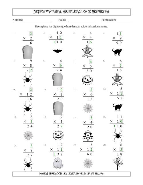 La hoja de ejercicios de Dígitos Robados por Figuras Fantasmas, Multiplicacióon (Versión Fácil) (I) Página 2