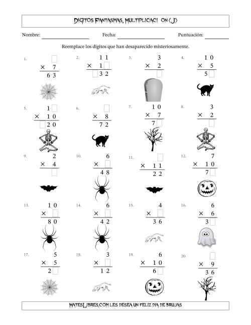 La hoja de ejercicios de Dígitos Robados por Figuras Fantasmas, Multiplicacióon (Versión Fácil) (J)