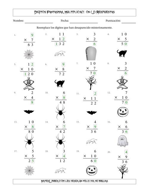 La hoja de ejercicios de Dígitos Robados por Figuras Fantasmas, Multiplicacióon (Versión Fácil) (J) Página 2