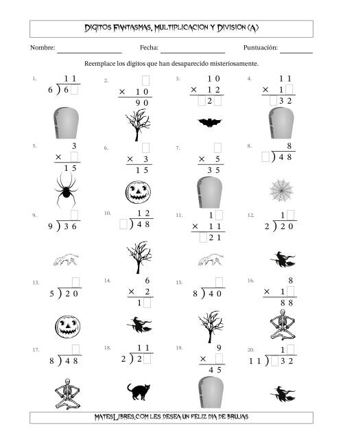 La hoja de ejercicios de Dígitos Robados por Figuras Fantasmas, Multiplicacion y Division (Versión Sencilla) (A)