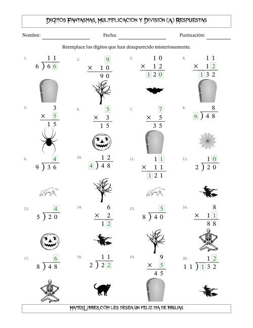 La hoja de ejercicios de Dígitos Robados por Figuras Fantasmas, Multiplicacion y Division (Versión Sencilla) (A) Página 2