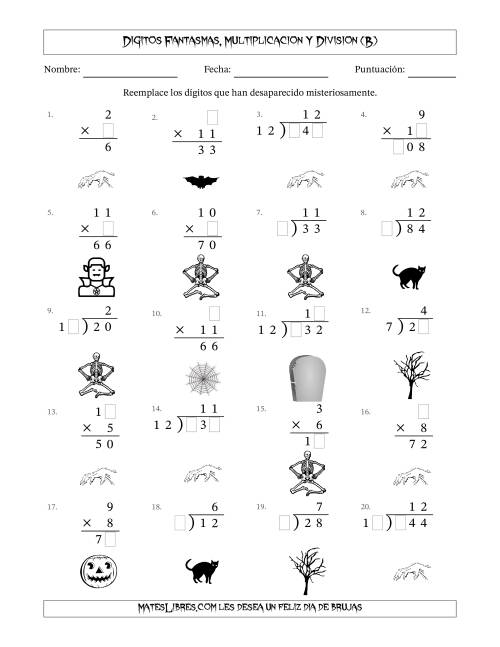 La hoja de ejercicios de Dígitos Robados por Figuras Fantasmas, Multiplicacion y Division (Versión Fácil) (B)