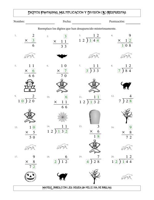 La hoja de ejercicios de Dígitos Robados por Figuras Fantasmas, Multiplicacion y Division (Versión Fácil) (B) Página 2