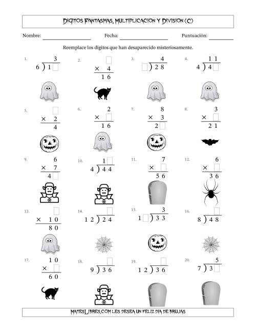 La hoja de ejercicios de Dígitos Robados por Figuras Fantasmas, Multiplicacion y Division (Versión Fácil) (C)