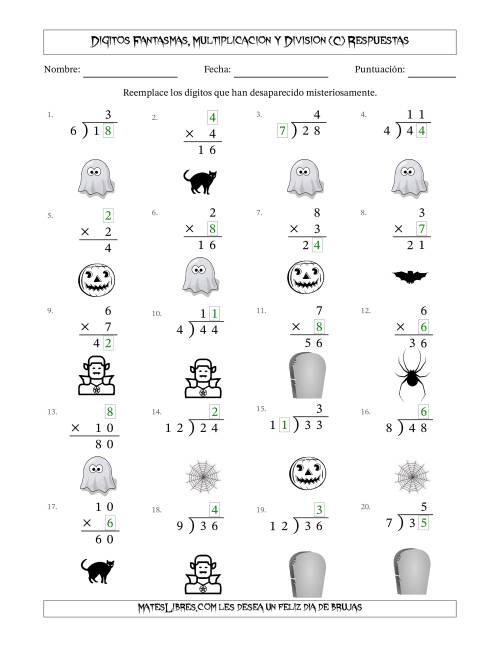 La hoja de ejercicios de Dígitos Robados por Figuras Fantasmas, Multiplicacion y Division (Versión Fácil) (C) Página 2