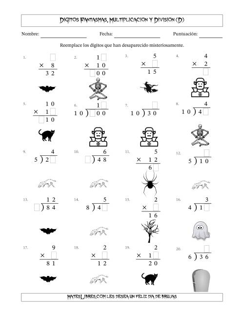 La hoja de ejercicios de Dígitos Robados por Figuras Fantasmas, Multiplicacion y Division (Versión Fácil) (D)