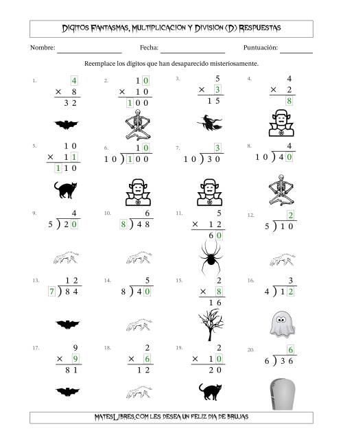 La hoja de ejercicios de Dígitos Robados por Figuras Fantasmas, Multiplicacion y Division (Versión Fácil) (D) Página 2