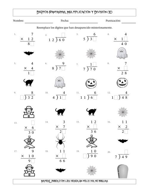 La hoja de ejercicios de Dígitos Robados por Figuras Fantasmas, Multiplicacion y Division (Versión Sencilla) (E)