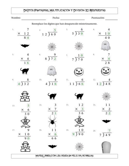 La hoja de ejercicios de Dígitos Robados por Figuras Fantasmas, Multiplicacion y Division (Versión Fácil) (E) Página 2