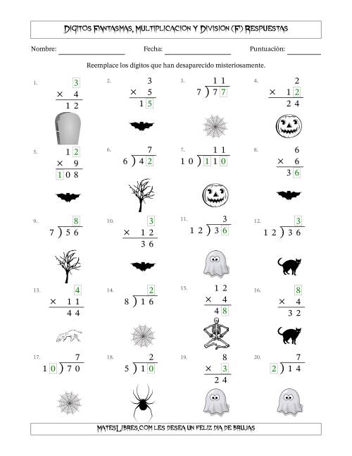 La hoja de ejercicios de Dígitos Robados por Figuras Fantasmas, Multiplicacion y Division (Versión Fácil) (F) Página 2