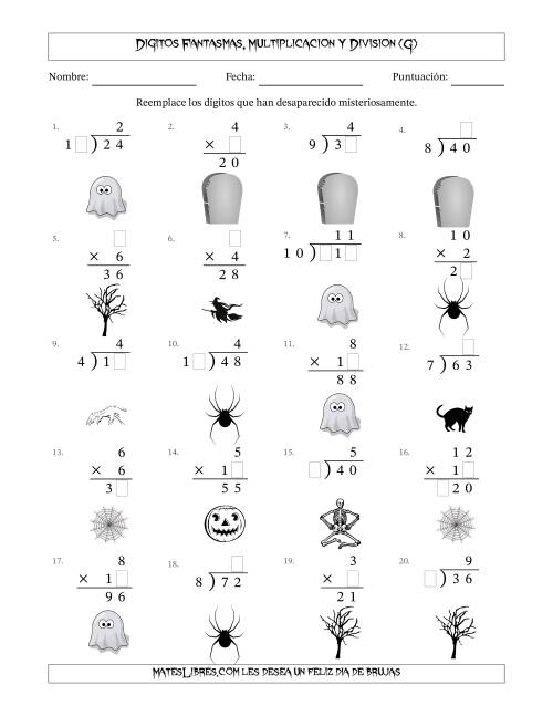 La hoja de ejercicios de Dígitos Robados por Figuras Fantasmas, Multiplicacion y Division (Versión Fácil) (G)