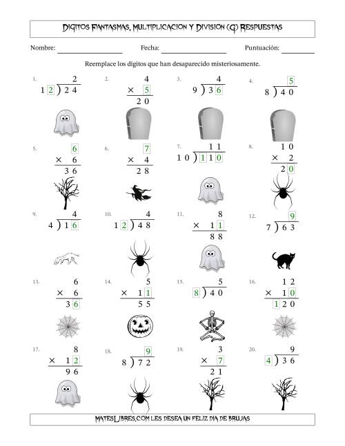 La hoja de ejercicios de Dígitos Robados por Figuras Fantasmas, Multiplicacion y Division (Versión Fácil) (G) Página 2