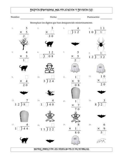 La hoja de ejercicios de Dígitos Robados por Figuras Fantasmas, Multiplicacion y Division (Versión Sencilla) (H)