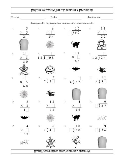 La hoja de ejercicios de Dígitos Robados por Figuras Fantasmas, Multiplicacion y Division (Versión Fácil) (I)
