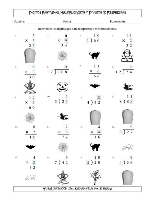 La hoja de ejercicios de Dígitos Robados por Figuras Fantasmas, Multiplicacion y Division (Versión Fácil) (I) Página 2