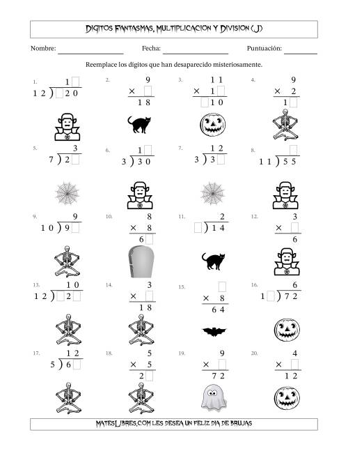 La hoja de ejercicios de Dígitos Robados por Figuras Fantasmas, Multiplicacion y Division (Versión Fácil) (J)