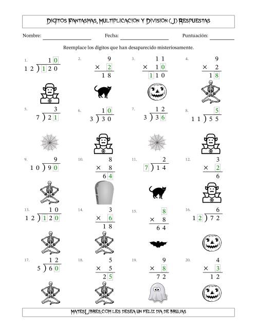 La hoja de ejercicios de Dígitos Robados por Figuras Fantasmas, Multiplicacion y Division (Versión Fácil) (J) Página 2