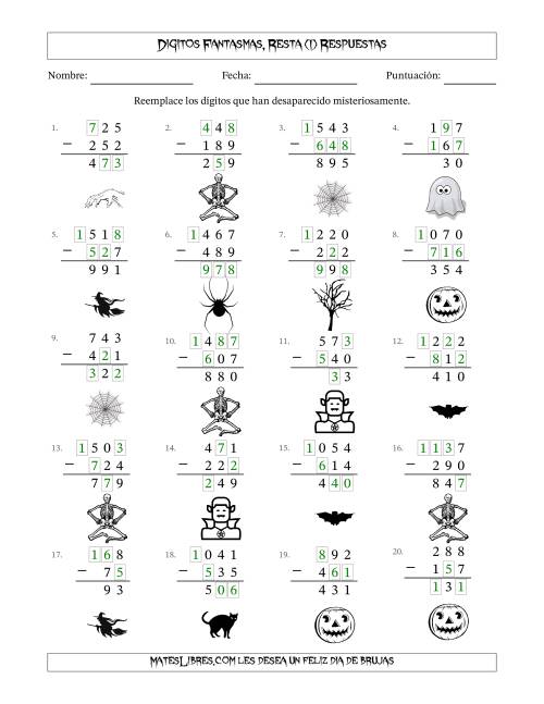 La hoja de ejercicios de Dígitos Robados por Figuras Fantasmas, Resta (Versión Fácil) (I) Página 2