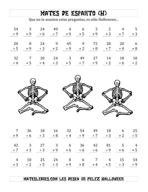 La hoja de ejercicios de Multiplicación y División Tenebrosas de 1 Dígito (H)