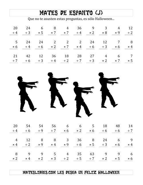 La hoja de ejercicios de Multiplicación y División Tenebrosas de 1 Dígito (J)