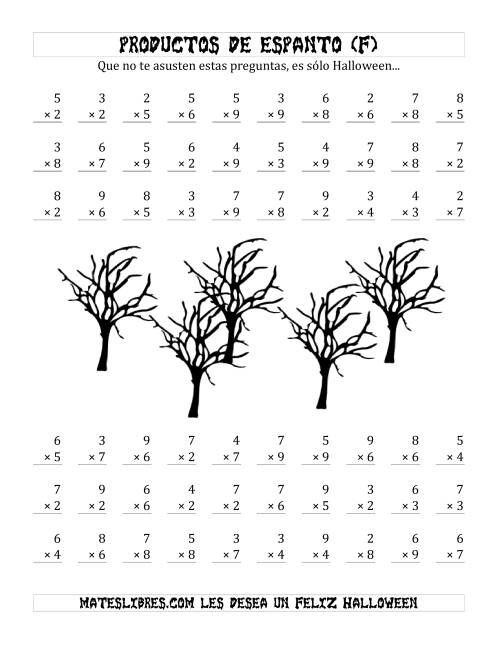 La hoja de ejercicios de Multiplicación Tenebrosa de 1 Dígito por 1 Dígito (F)