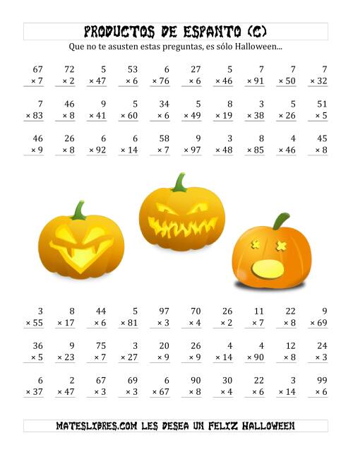 La hoja de ejercicios de Multiplicación Tenebrosa de 2 Dígitos por 1 Dígito (C)