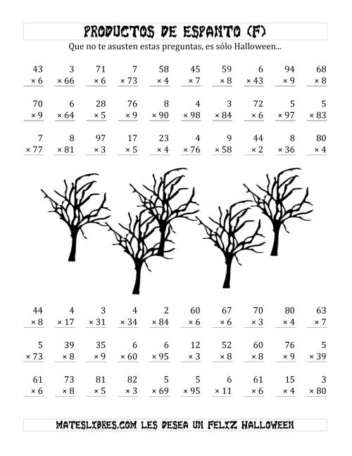 La hoja de ejercicios de Multiplicación Tenebrosa de 2 Dígitos por 1 Dígito (F)