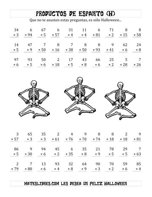La hoja de ejercicios de Multiplicación Tenebrosa de 2 Dígitos por 1 Dígito (H)