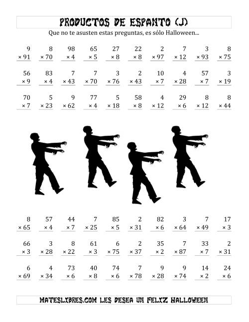La hoja de ejercicios de Multiplicación Tenebrosa de 2 Dígitos por 1 Dígito (J)