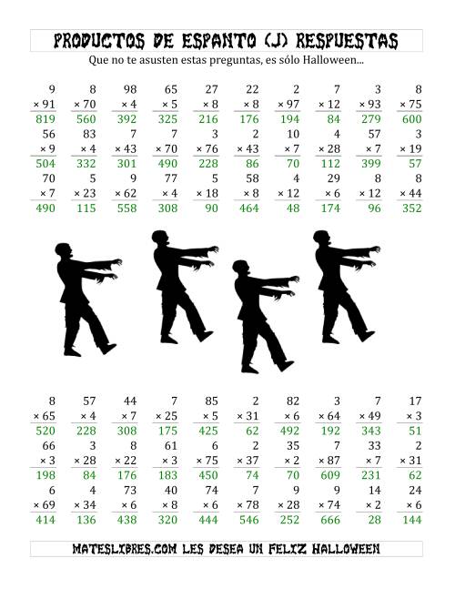La hoja de ejercicios de Multiplicación Tenebrosa de 2 Dígitos por 1 Dígito (J) Página 2