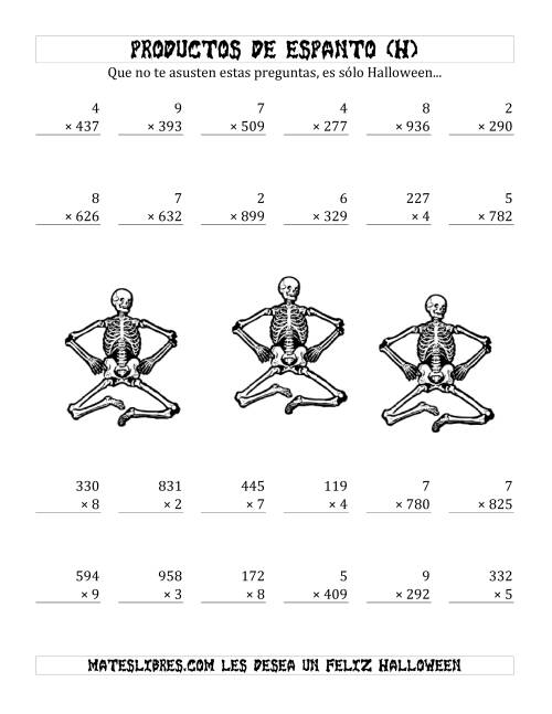 La hoja de ejercicios de Multiplicación Tenebrosa de 3 Dígitos por 1 Dígito (H)
