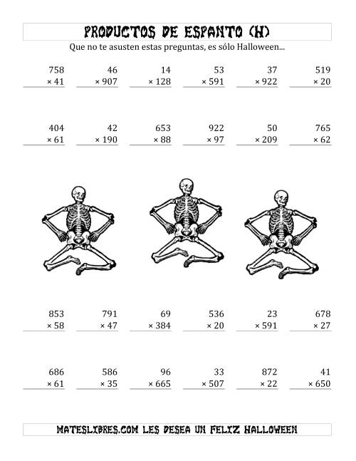 La hoja de ejercicios de Multiplicación Tenebrosa de 3 Dígitos por 2 Dígitos (H)