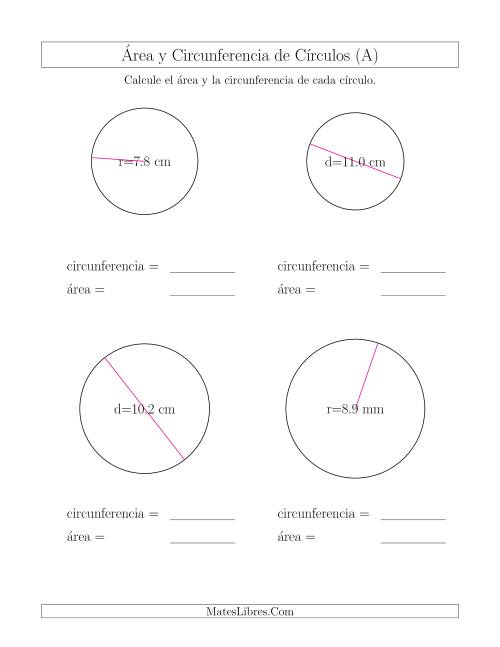 La hoja de ejercicios de Calcular la Circunferencia y el Área de Círculos (A)
