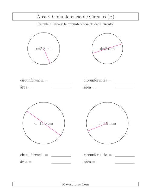 La hoja de ejercicios de Calcular la Circunferencia y el Área de Círculos (B)