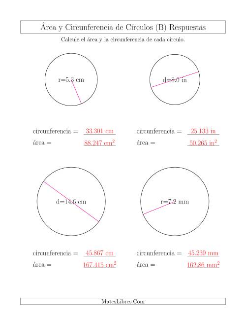La hoja de ejercicios de Calcular la Circunferencia y el Área de Círculos (B) Página 2