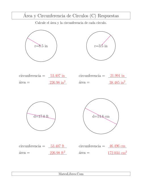 La hoja de ejercicios de Calcular la Circunferencia y el Área de Círculos (C) Página 2