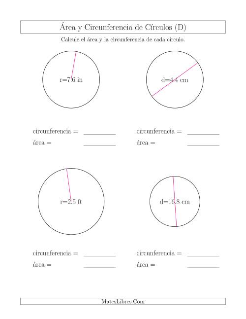 La hoja de ejercicios de Calcular la Circunferencia y el Área de Círculos (D)