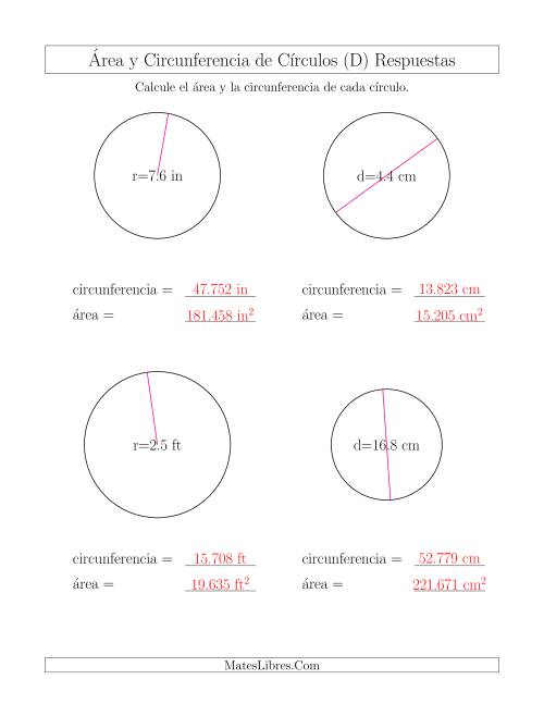 La hoja de ejercicios de Calcular la Circunferencia y el Área de Círculos (D) Página 2