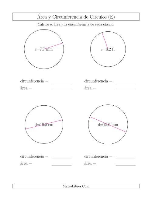 La hoja de ejercicios de Calcular la Circunferencia y el Área de Círculos (E)
