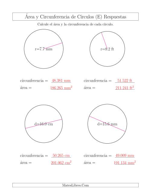 La hoja de ejercicios de Calcular la Circunferencia y el Área de Círculos (E) Página 2