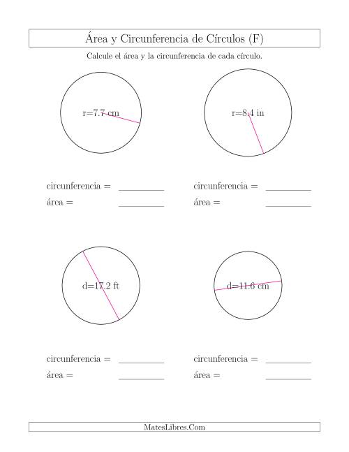 La hoja de ejercicios de Calcular la Circunferencia y el Área de Círculos (F)