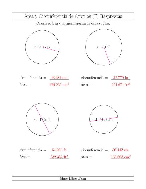 La hoja de ejercicios de Calcular la Circunferencia y el Área de Círculos (F) Página 2