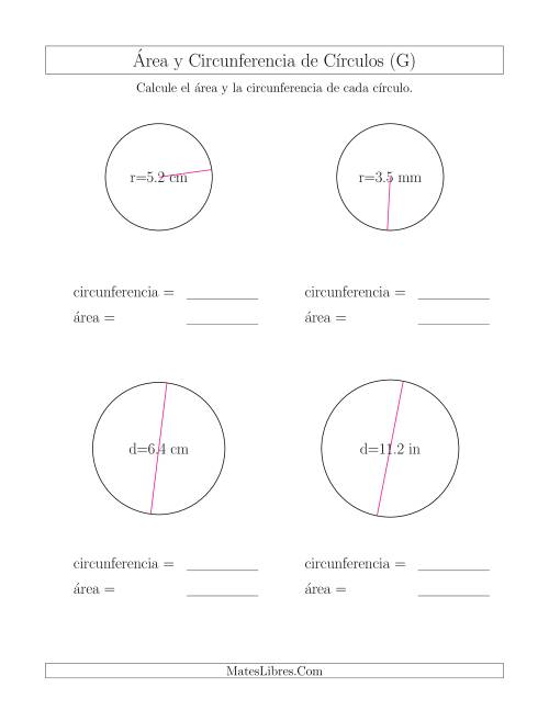 La hoja de ejercicios de Calcular la Circunferencia y el Área de Círculos (G)