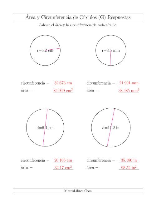 La hoja de ejercicios de Calcular la Circunferencia y el Área de Círculos (G) Página 2