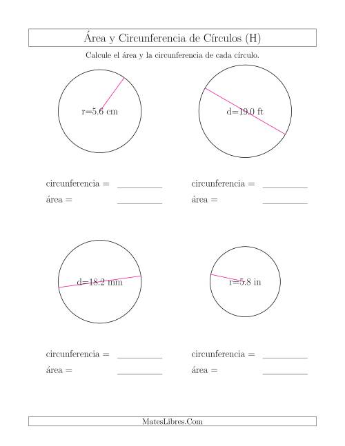 La hoja de ejercicios de Calcular la Circunferencia y el Área de Círculos (H)