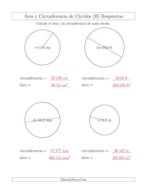 La hoja de ejercicios de Calcular la Circunferencia y el Área de Círculos (H) Página 2