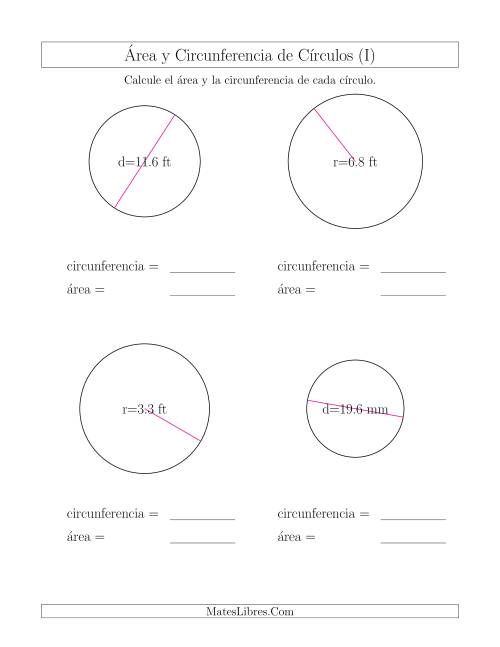 La hoja de ejercicios de Calcular la Circunferencia y el Área de Círculos (I)