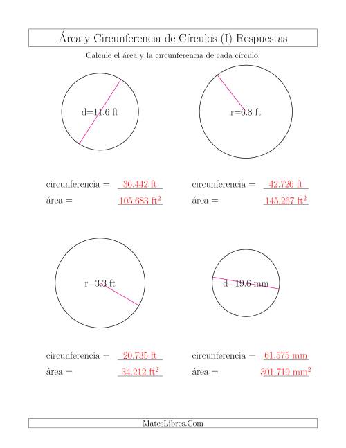La hoja de ejercicios de Calcular la Circunferencia y el Área de Círculos (I) Página 2